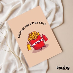 Postkarte "Exercise for extra fries" von Tres Chig Studio, Motivation, Pommes, Fast Food, Sport, Gym, Fitness, süß, lustig, Ketchup, Senf