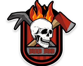 May include: A red and black logo with a skull in the center, crossed axes, and flames behind the skull. The text "DOOR MAN" is below the skull.