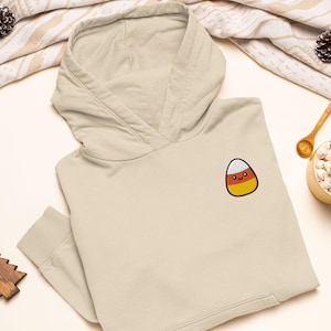Felpa con cappuccio in misto pesante ricamata con caramelle di mais kawaii - Elegante cotone morbido - Varietà di colori - Graziosa arte di caramelle di Halloween