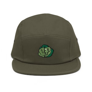 Green Cabbage Embroidered 5‑Panel Cotton Camper Cap: Adjustable Fit