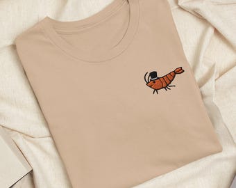 Shrimp with Top Hat Embroidered T-Shirt: Lightweight Cotton, Unisex Fit