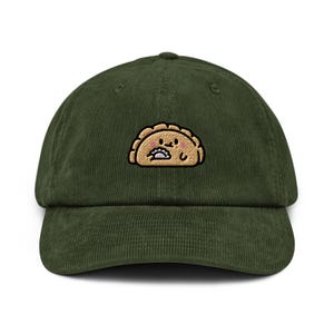 Cute Dumpling Eating a Dumpling Embroidered Corduroy Hat - 100% Cotton Corduroy in Variety of Colors Wardrobe Essential - Fun Foodie Art