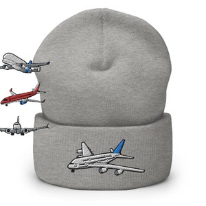 Jet Airliner Embroidered Cuffed Beanie - Warm and Stylish Headwear in Variety of Colors & Designs