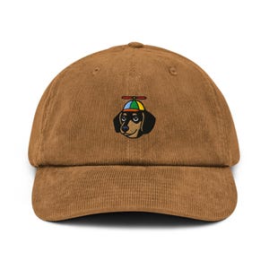 Dachshund with Propeller Hat Embroidered Cotton Corduroy Hat: Adjustable Fit