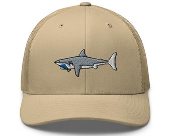 Great White Shark Embroidered Retro Trucker Hat - Structured with Mesh Back in Variety of Colors