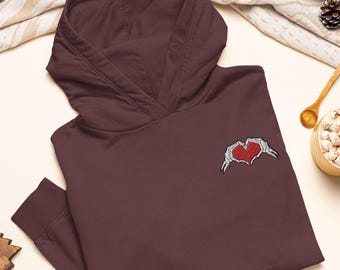 Bluza z kapturem z haftowanymi dłońmi Skeleton Heart: gruba mieszanka bawełny i poliestru, krój unisex