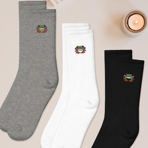 Red Eyed Tree Frog Embroidered Socks, Gift Socks, Cushioned Cotton Blend, Made in USA, Funny Socks for Her or Him