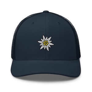 Edelweiss Flower Embroidered Trucker Hat: Structured Retro Cap with Mesh Back