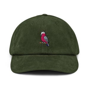Galah Embroidered Corduroy Hat - 100% Cotton Corduroy in Variety of Colors Wardrobe Essential - Pink Cockatoo Birdwatching Gift