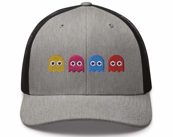 Colorful Retro Arcade Game Ghost Embroidered Retro Trucker Hat - Structured with Mesh Back in Variety of Colors