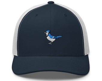 Blue Jay Bird Embroidered Retro Trucker Hat - Structured with Mesh Back in Variety of Colors