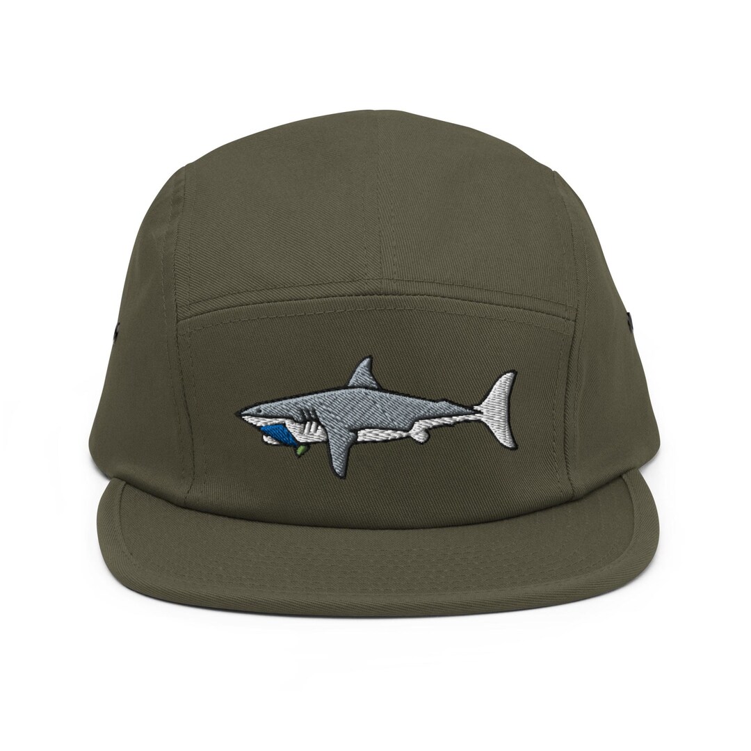 Great White Shark Embroidered 5‑panel Cotton Camper Cap: Adjustable Fit ...