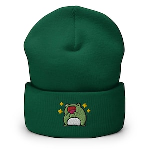 Excited Frog Embroidered Cuffed Beanie - Warm and Stylish Headwear in Variety of Colors