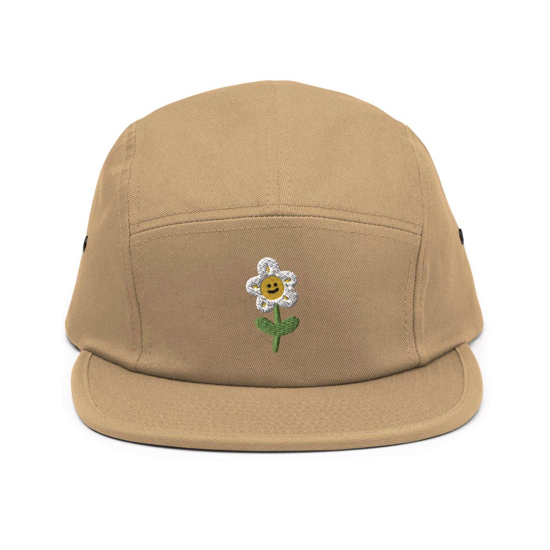 Smiling Daisy Flower Embroidered 5‑panel Cotton Camper Cap: Adjustable ...