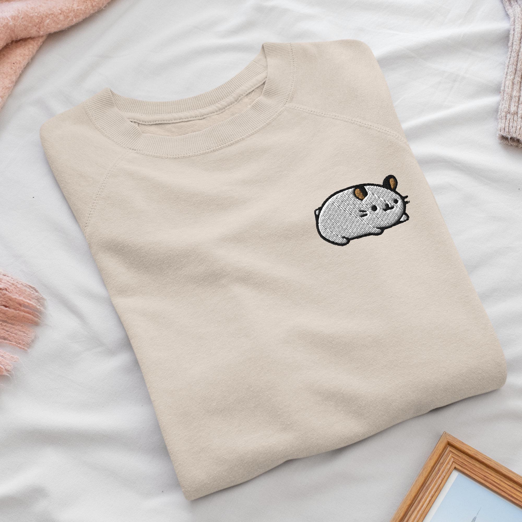 かわいいハムスターの刺繍入りクルーネックスウェットシャツ：コットン