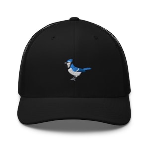 Blue Jay Bird Embroidered Retro Trucker Hat - Structured with Mesh Back in Variety of Colors