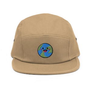 Happy Smiling Earth Embroidered 5 Panel Camper Cap - Pure Cotton Comfortable Fit in Variety of Colors