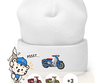 Classic Japanese Commuter Motorbike Embroidered Cuffed Beanie: Cozy Unisex Winter Cap