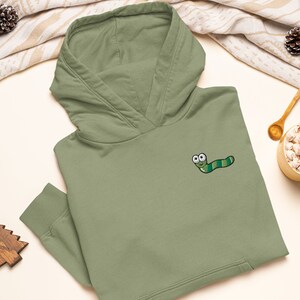 Cute Cartoon Green Worm Embroidered Heavy Blend Hoodie - Stylish Soft Cotton - Variety of Colors