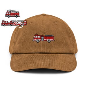 Red Fire Truck Embroidered Cotton Corduroy Hat: Adjustable Fit