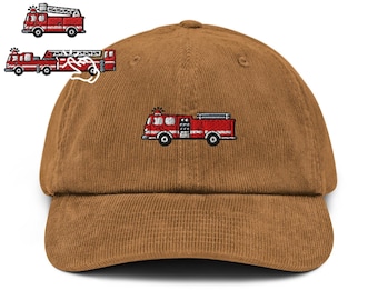 Casquette en velours côtelé de coton brodée avec motif camion de pompiers rouge : Taille ajustable