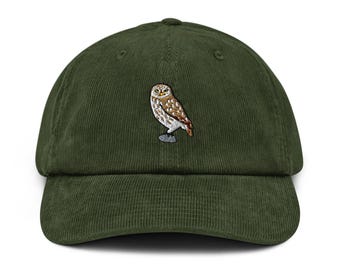 Little Owl of Athena Embroidered Corduroy Hat - 100% Cotton Corduroy in Variety of Colors Wardrobe Essential