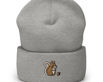 Squirrel with Precious Acorn Embroidered Cuffed Beanie: Cozy Unisex Winter Cap