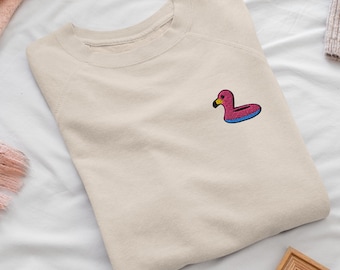 Sweat-shirt ras du cou brodé flamant rose flottant : mélange de coton, coupe unisexe