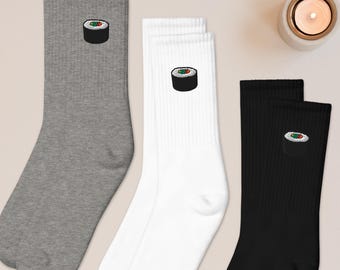 Maki Sushi Roll Embroidered Socks: Cushioned Cotton Blend, Made in USA