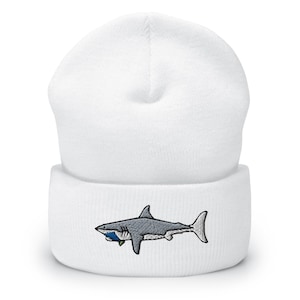 Gorro con puños bordado de tiburón blanco: gorro unisex de invierno muy acogedor