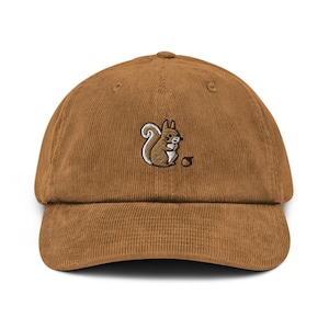 Squirrel with Precious Acorn Embroidered Cotton Corduroy Hat: Adjustable Fit
