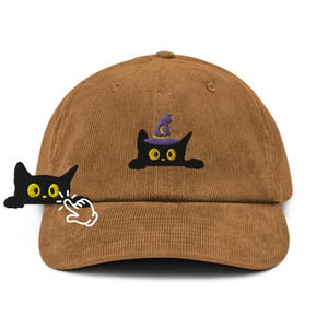 Black Wizard Cat Embroidered Cotton Corduroy Hat: Adjustable Fit
