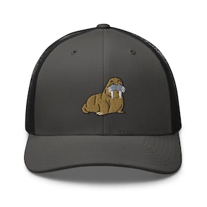 Happy Walrus Embroidered Retro Trucker Hat - Structured with Mesh Back in Variety of Colors - Marine Life Ocean Lover