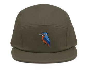 Kingfisher Bird Embroidered 5‑Panel Cotton Camper Cap: Adjustable Fit