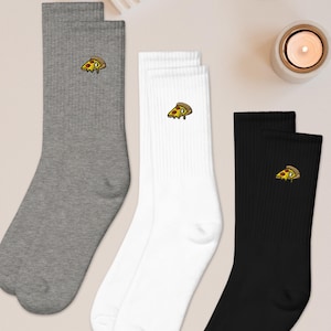 Pizza Slice Embroidered Socks, Gift Socks, Cushioned Cotton Blend, Made in USA, Funny Socks for Her or Him