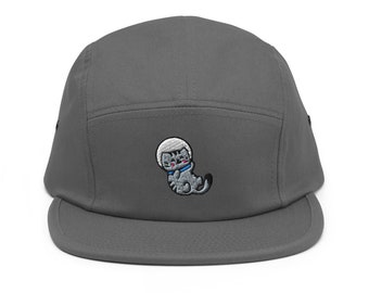 Fishbowl Astronaut Cat Embroidered 5‑Panel Cotton Camper Cap: Adjustable Fit