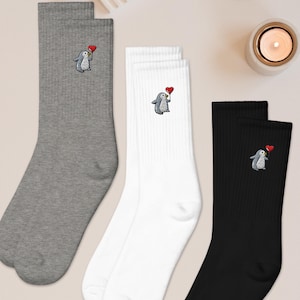 Penguin with Heart Balloon Embroidered Socks, Gift Socks, Cushioned Cotton Blend, Made in USA, Funny Socks for Her or Him