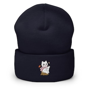 Cozy Fall Cat Embroidered Cuffed Beanie - Warm and Stylish Headwear in Variety of Colors - Autumn Cat Lover Gift