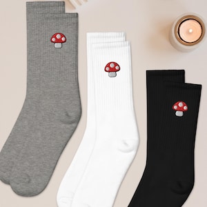 Toadstool Mushroom Embroidered Socks, Gift Socks, Cushioned Cotton Blend, Made in USA, Funny Socks for Her or Him