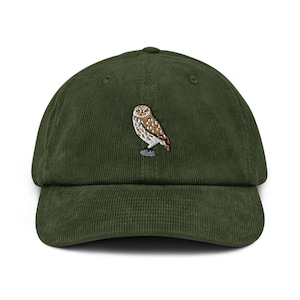 Little Owl of Athena Embroidered Cotton Corduroy Hat: Adjustable Fit