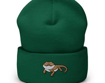 Bearded Dragon Lizard Embroidered Cuffed Beanie: Cozy Unisex Winter Cap