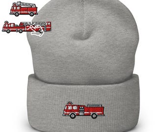 Red Fire Truck Embroidered Cuffed Beanie: Cozy Unisex Winter Cap