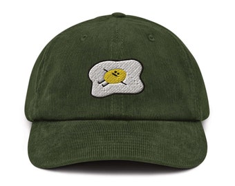 Kawaii Lazy Unmotivated Fried Egg Embroidered Corduroy Hat - 100% Cotton Corduroy in Variety of Colors Wardrobe Essential