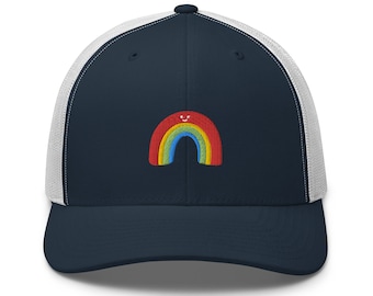 Smiley Rainbow Embroidered Retro Trucker Hat - Structured with Mesh Back in Variety of Colors