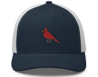 Red Cardinal Bird Watcher Embroidered Retro Trucker Hat - Structured with Mesh Back in Variety of Colors