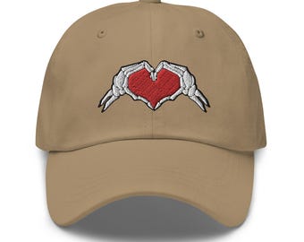 Skeleton Heart Hands Embroidered Dad Cap: Chino Cotton Twill Adjustable Unisex Hat