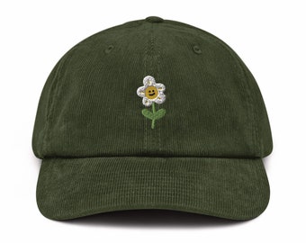 Smiling Daisy Flower  Embroidered Corduroy Hat - 100% Cotton Corduroy in Variety of Colors Wardrobe Essential