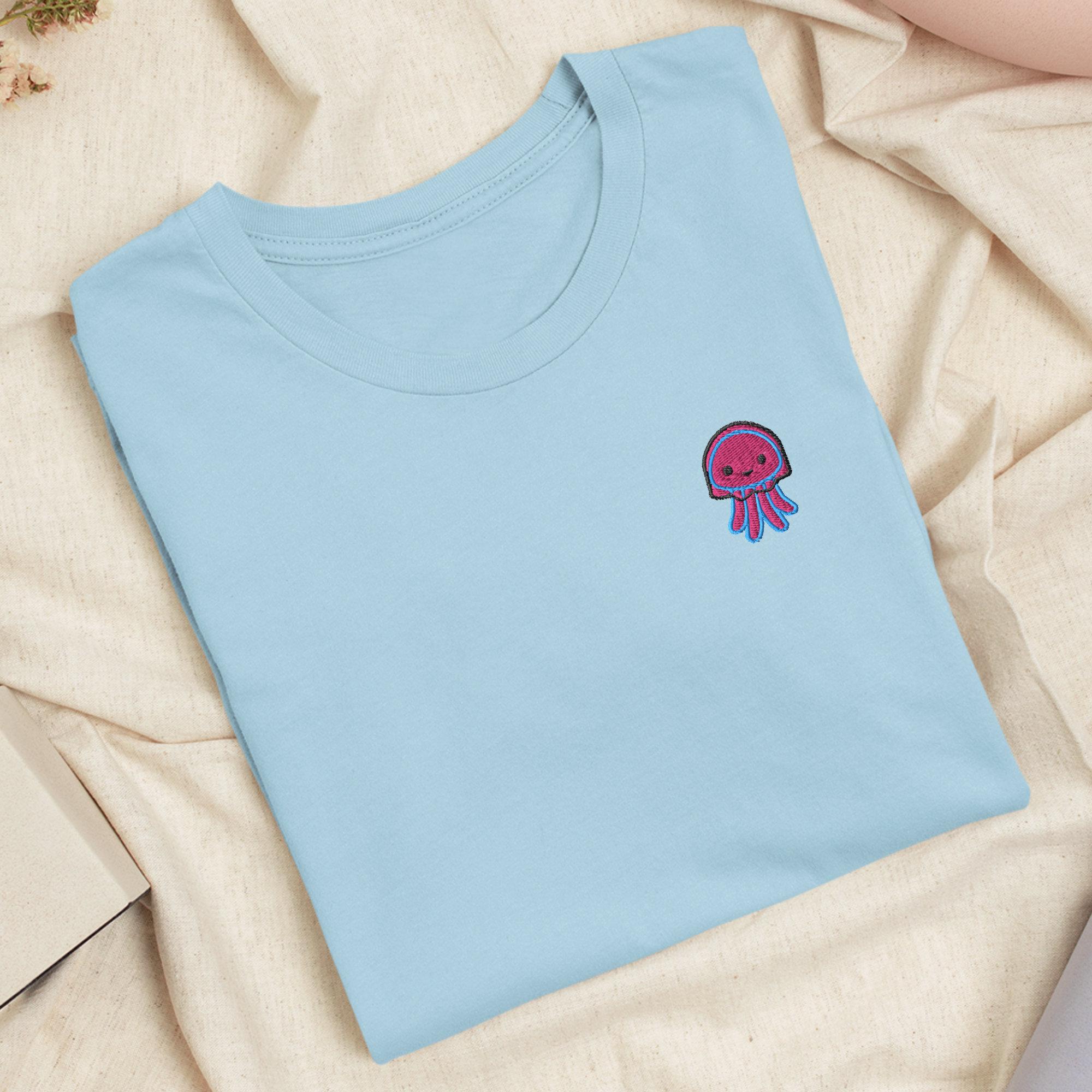 Pink Jellyfish Embroidered T-Shirt with Comfortable Stretch - Soft, Lightweight, Variety of Colors