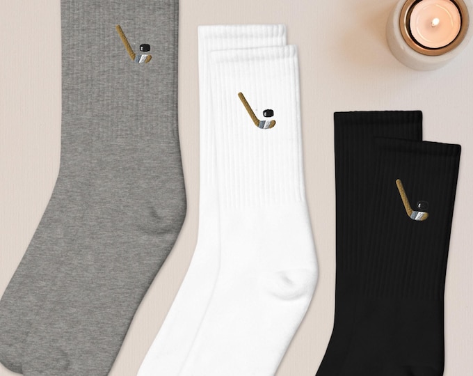 Ice Hockey Embroidered Socks: Cushioned Cotton Blend, Made in USA