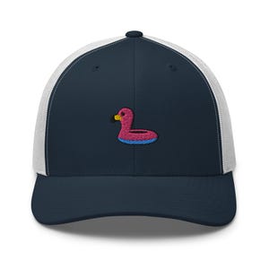 Pink Flamingo Floatie Embroidered Trucker Hat: Structured Retro Cap with Mesh Back